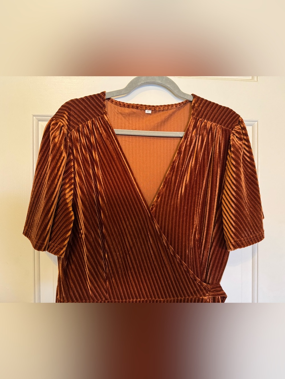 Women's Burnt Orange Velvet V Neck Wrap Dress - Picture 6 of 15